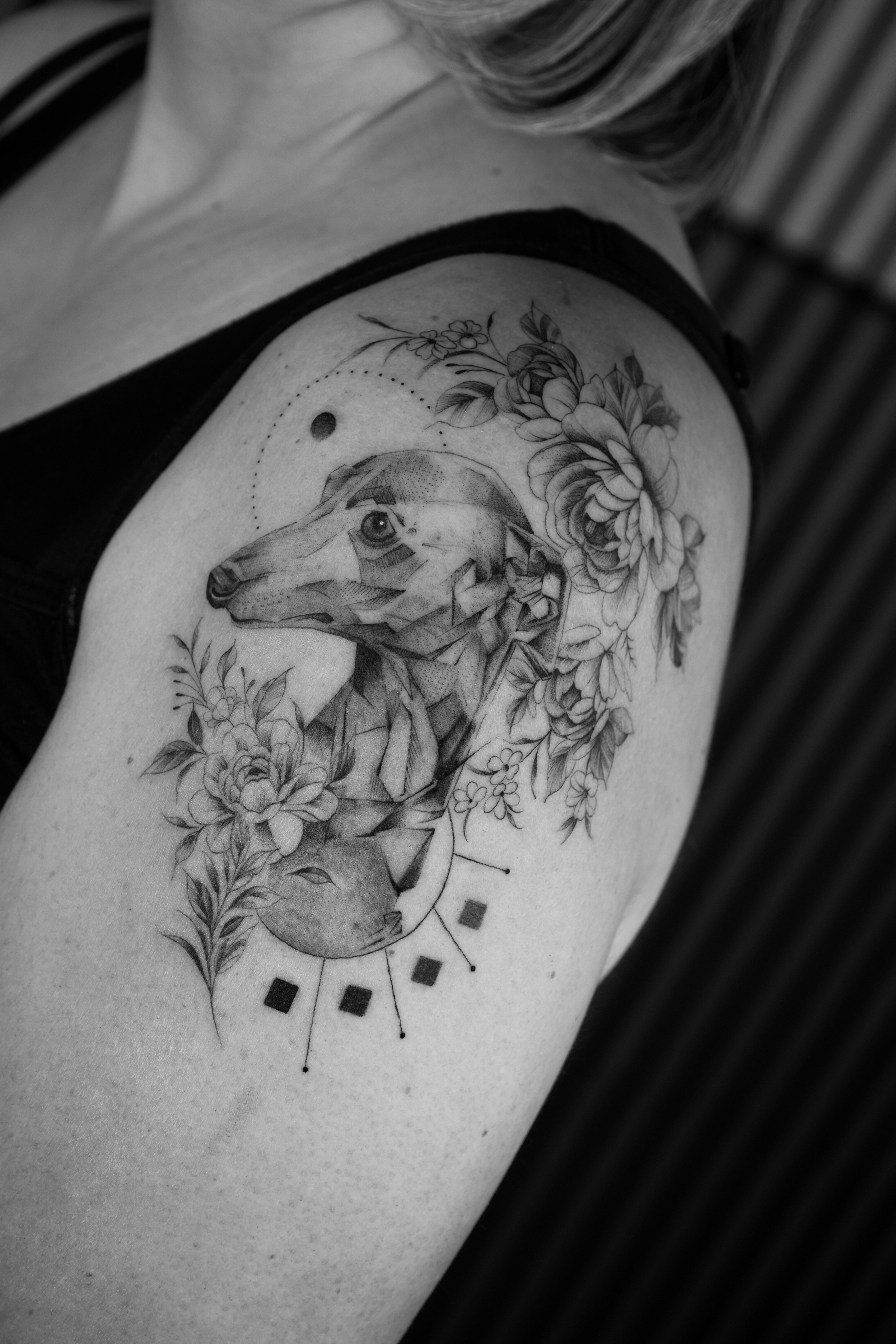 Greyhound dog portrait with floral — shoulder piece